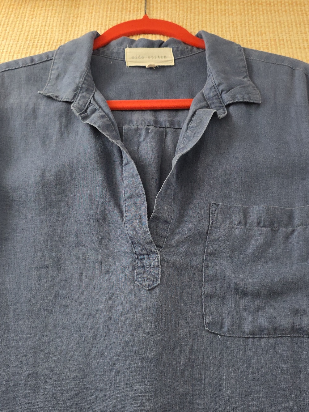 Side Stitch Blue Linen Popover Blouse XL Roll Tab Sleeve Lightweight Top - Picture 6 of 12